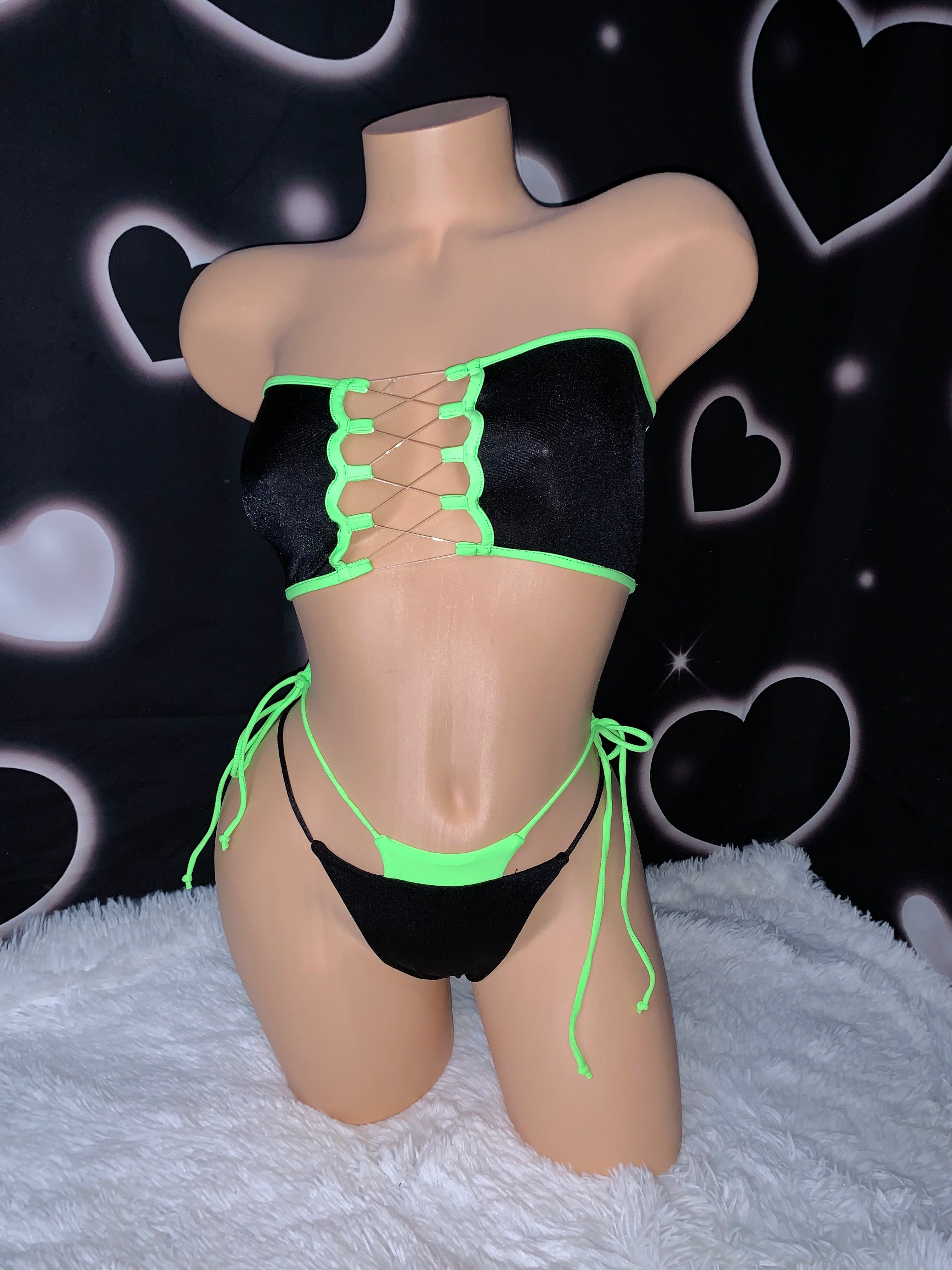 Electric lime double thong bikini - Bikinis, Monokinis, skirt sets, and apparel inspired by strippers - Bubblegum The Brand