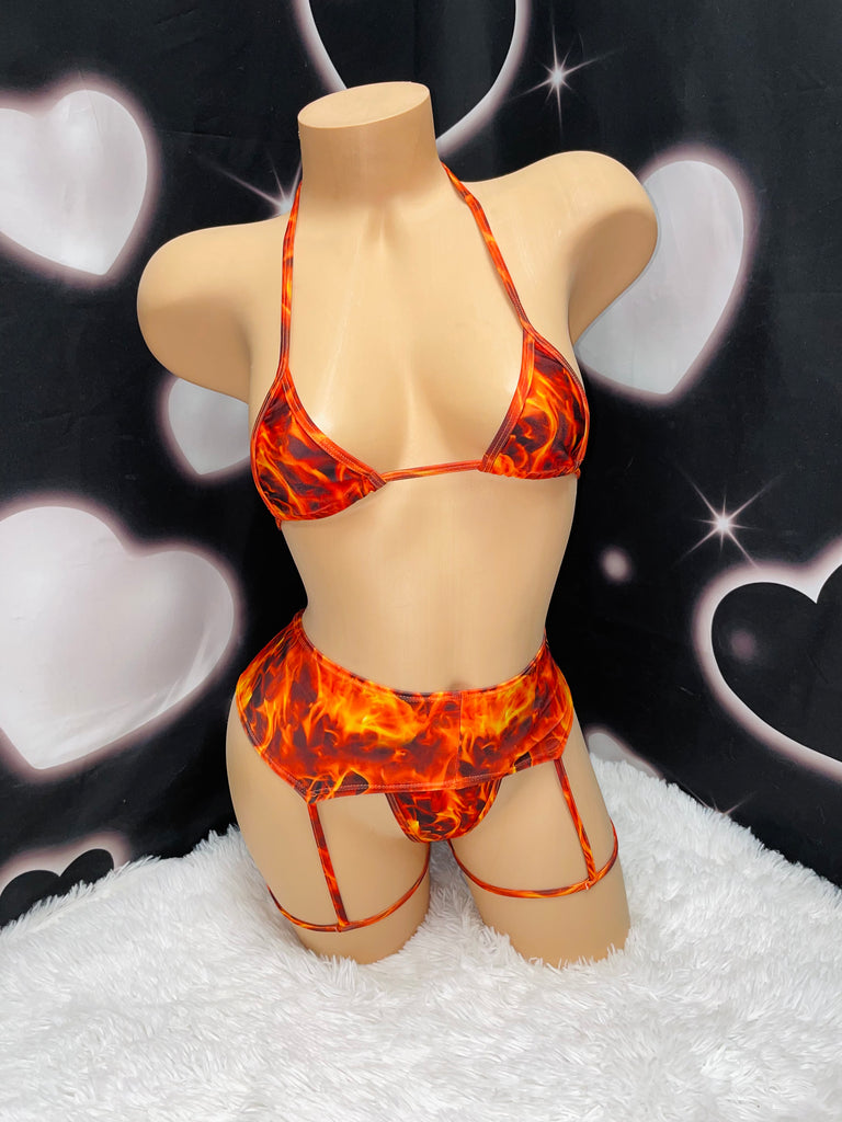 Flames garterbelt microkini set - Bikinis, Monokinis, skirt sets, and apparel inspired by strippers - Bubblegum The Brand