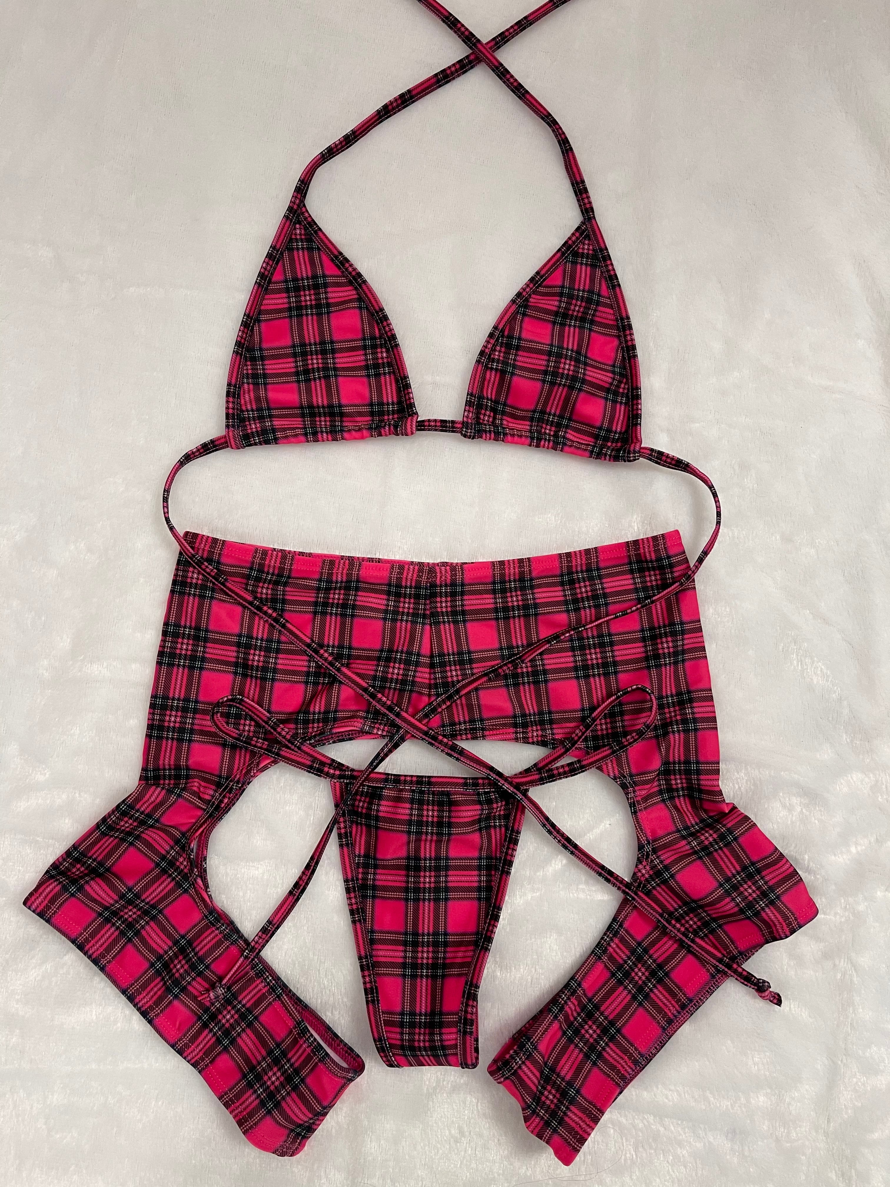 Pink Plaid Chaps set - Bikinis, Monokinis, skirt sets, and apparel inspired by strippers - Bubblegum The Brand