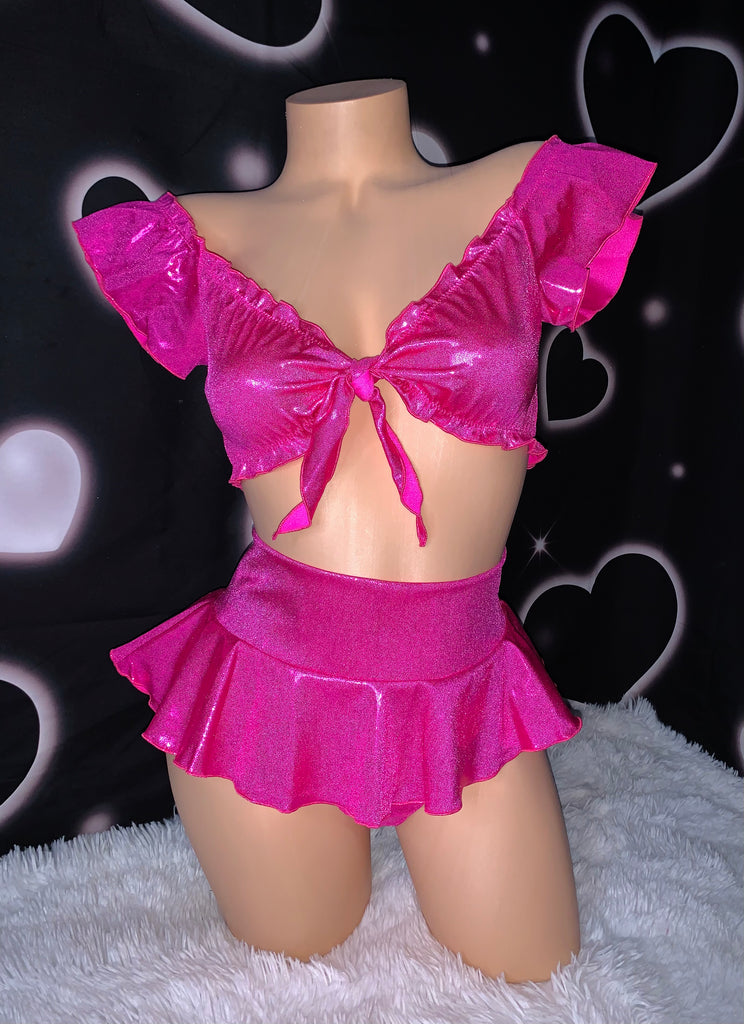 Pink glitter babydoll skirt set - Bikinis, Monokinis, skirt sets, and apparel inspired by strippers - Bubblegum The Brand