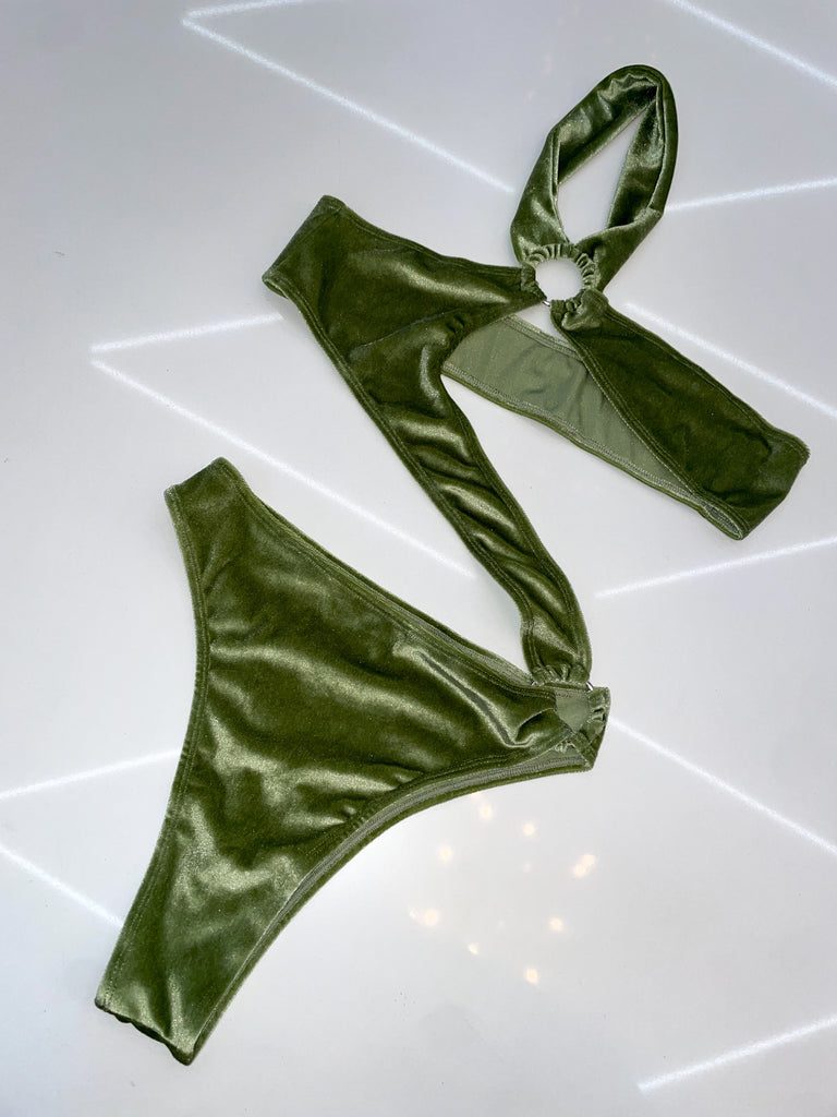 Earth green velvet island girl - Bikinis, Monokinis, skirt sets, and apparel inspired by strippers - Bubblegum The Brand