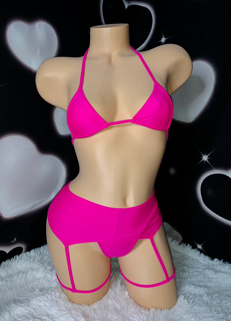 Pink garterbelt bikini set - Bikinis, Monokinis, skirt sets, and apparel inspired by strippers - Bubblegum The Brand