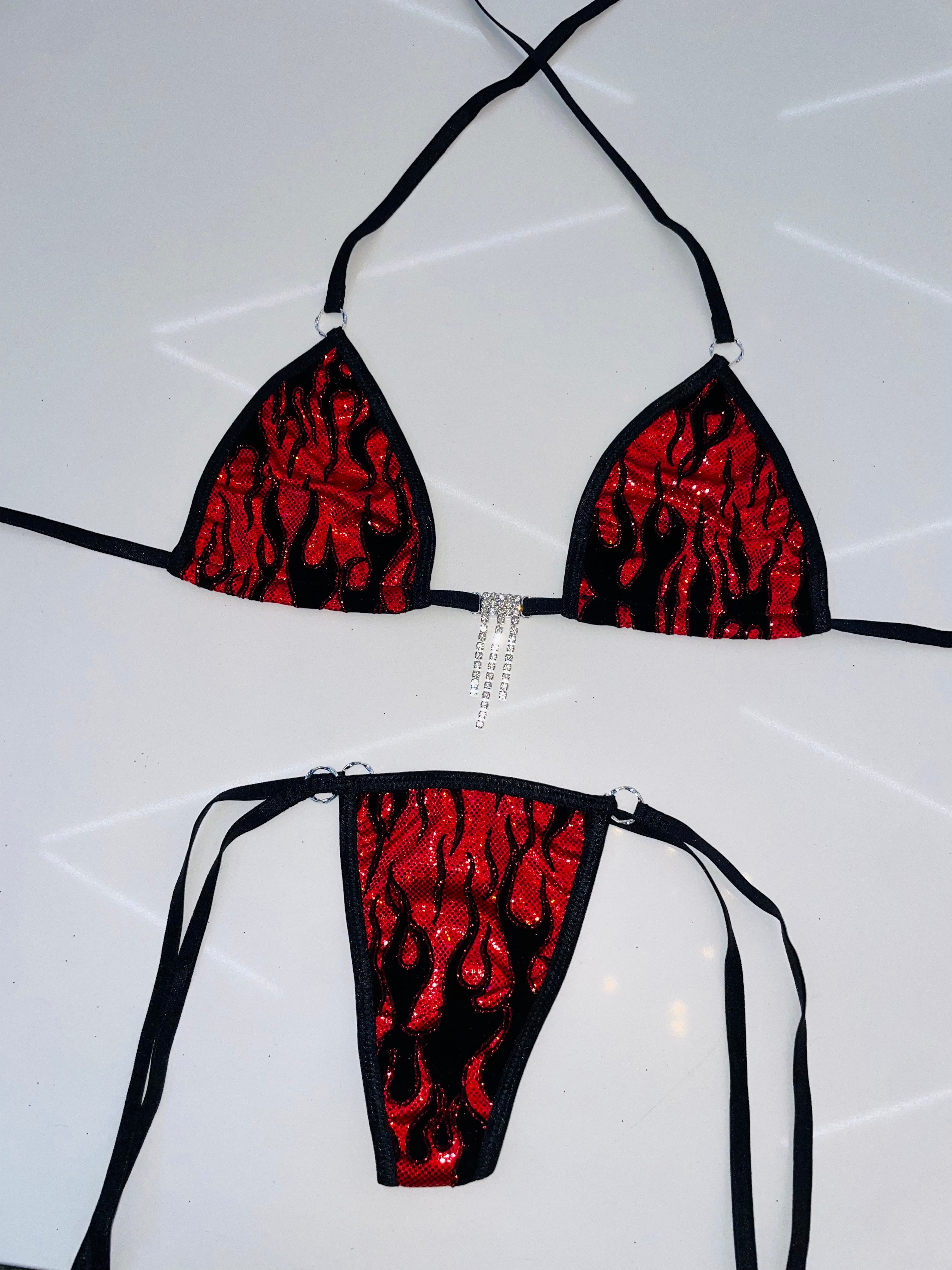 Shiny red flames sparkle microkini - Bikinis, Monokinis, skirt sets, and apparel inspired by strippers - Bubblegum The Brand