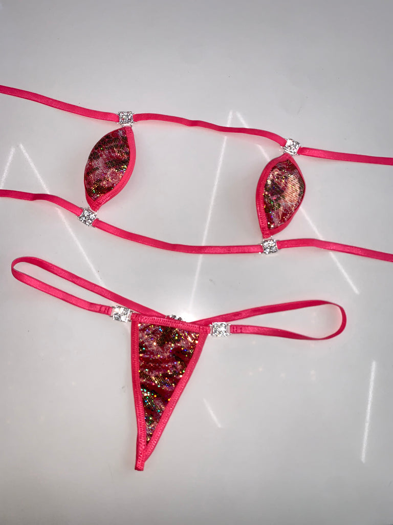 Micro sparkle pink glitter snakeskin microkini - Bikinis, Monokinis, skirt sets, and apparel inspired by strippers - Bubblegum The Brand