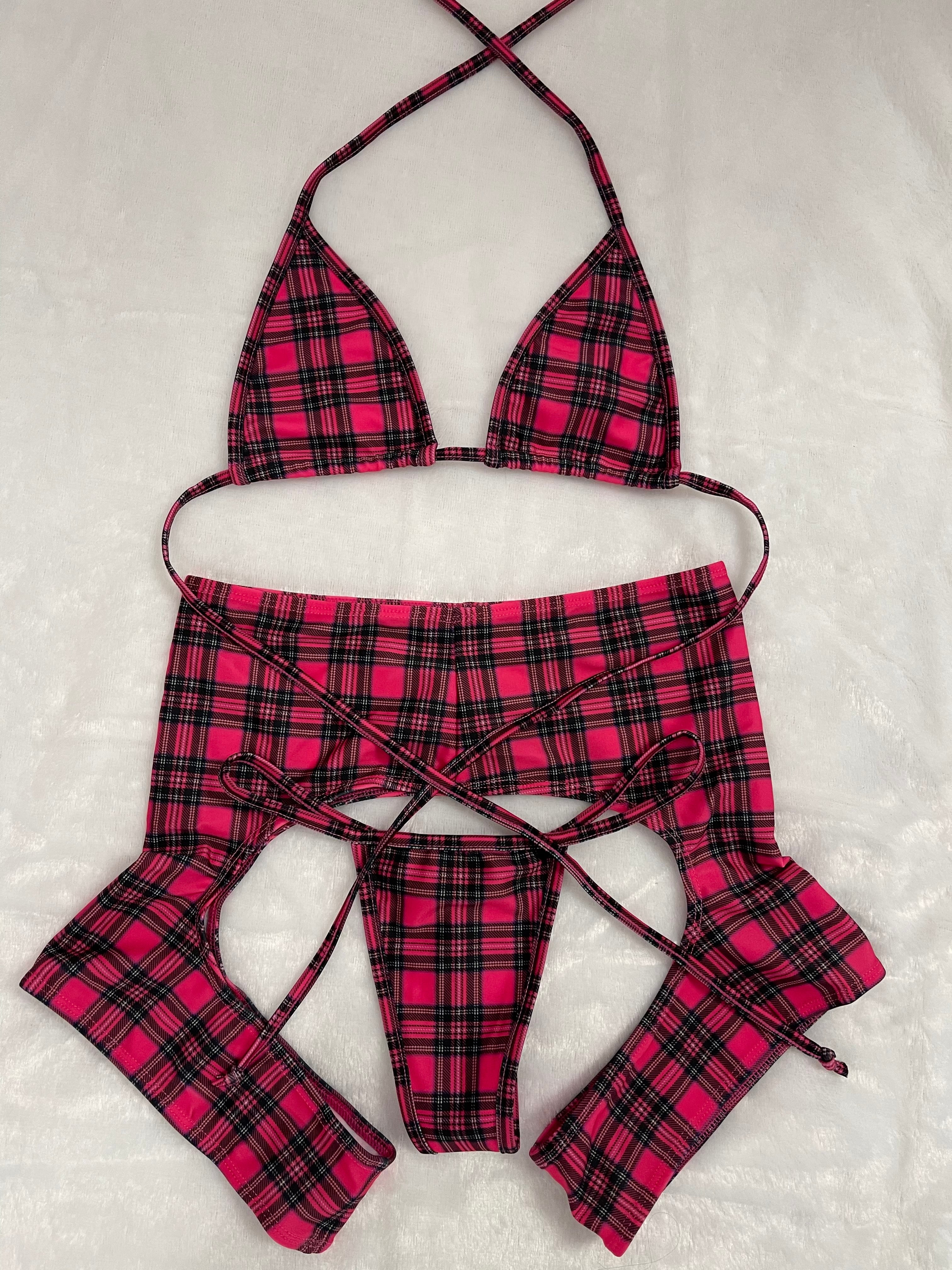 Pink Plaid Chaps Set - Trendy pink plaid chaps set, a bold and stylish piece from Bubblegum The Brand, featuring a unique design inspired by strippers.