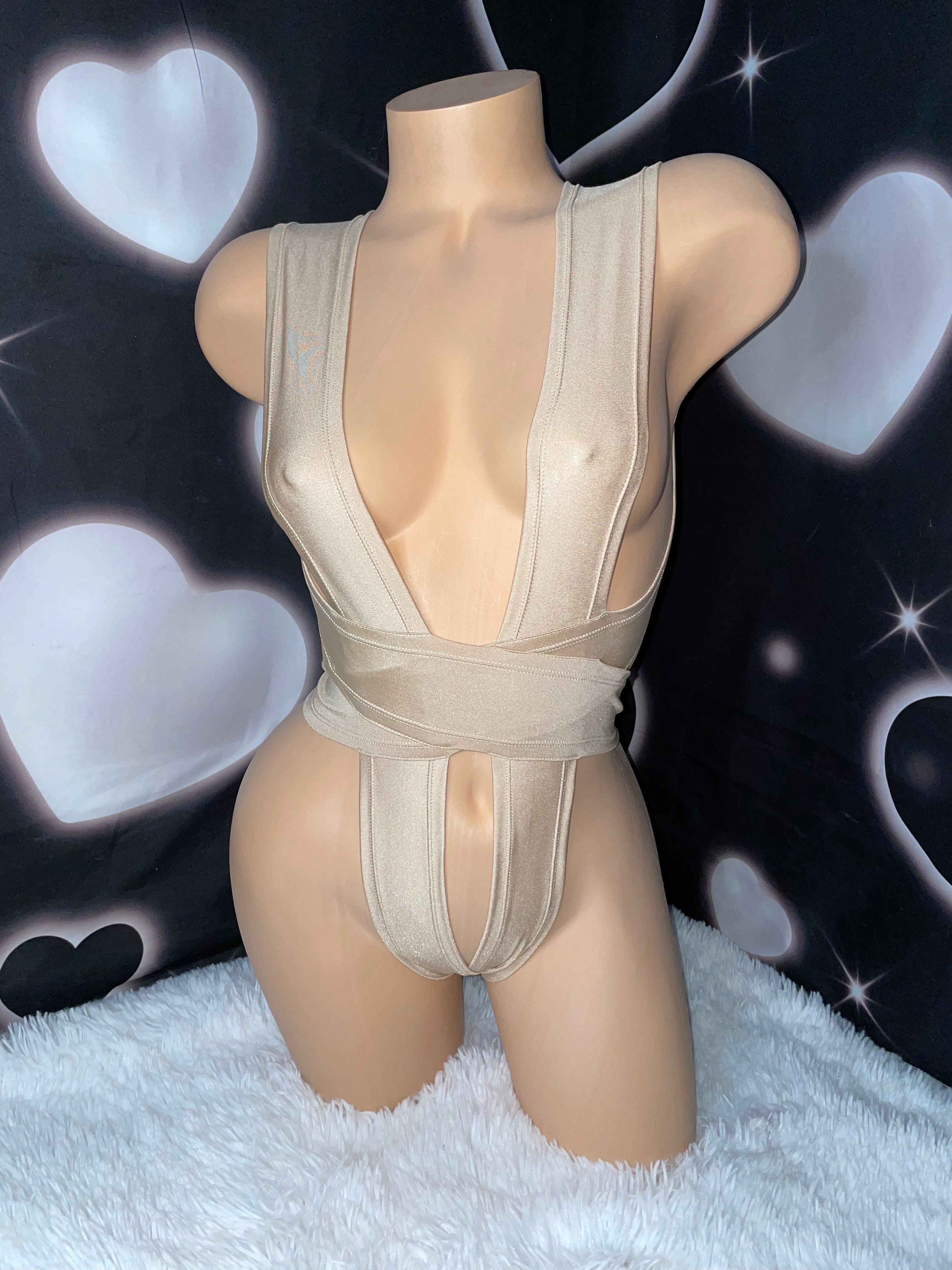 Shiny nude wrap one piece - Bikinis, Monokinis, skirt sets, and apparel inspired by strippers - Bubblegum The Brand